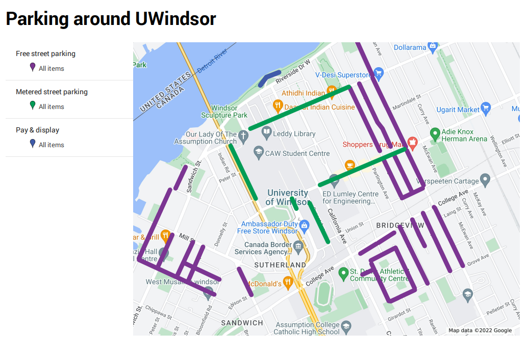 a map showing the City of Windsor street parkings around the University of Windsor campus
