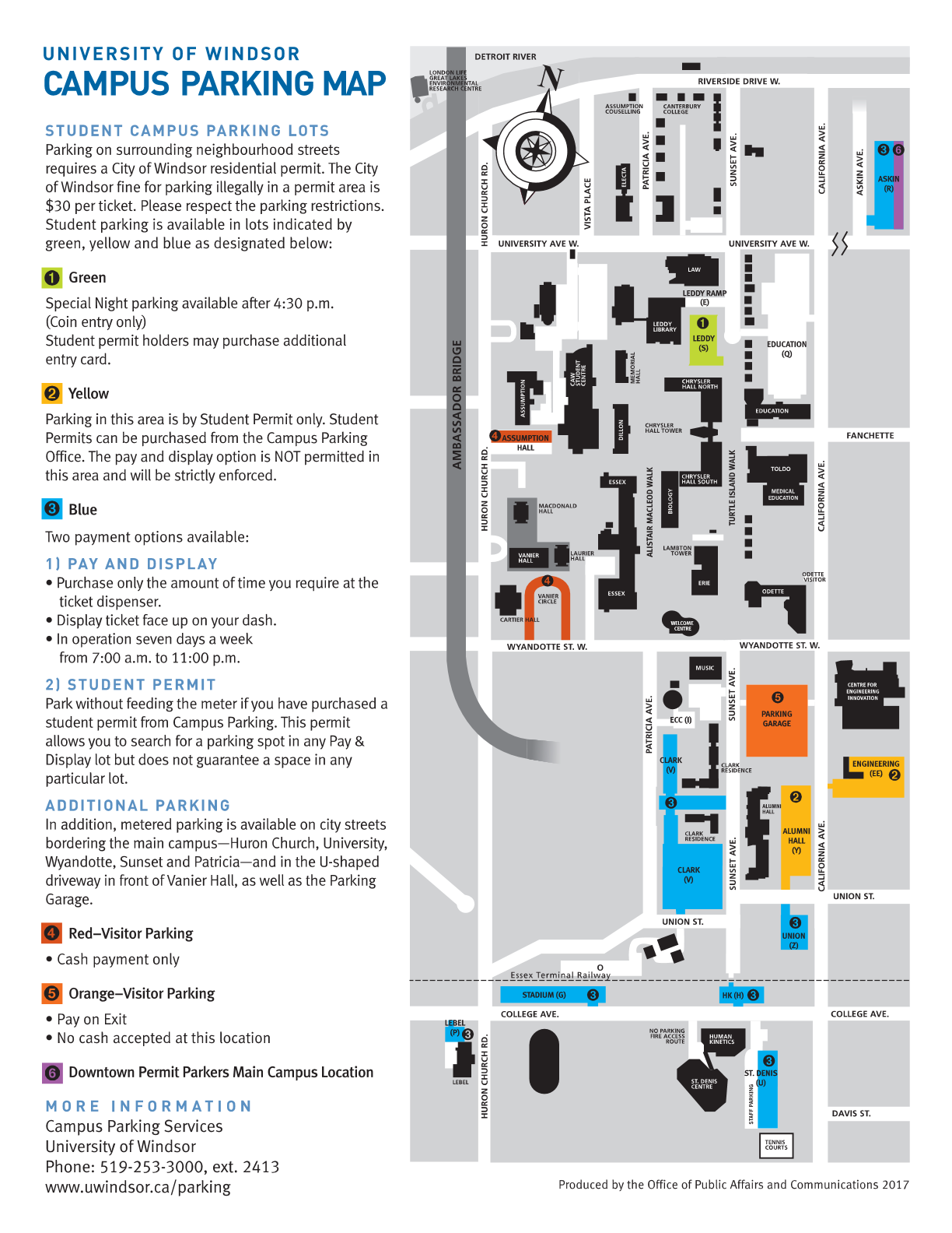 a map outlining official uwindsor parking spaces for students, staff, and visitors